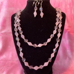Pink Necklace & Earrings with Breast Cancer Ribbon
